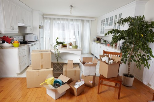 Organized storage unit in Battersea with packed boxes and furniture