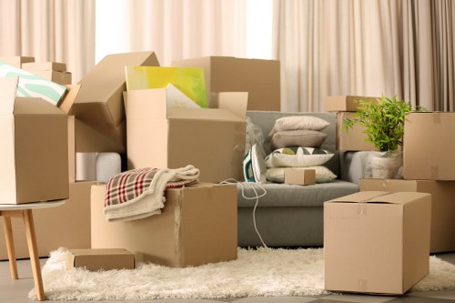 Organized packing materials and labels for a Battersea move